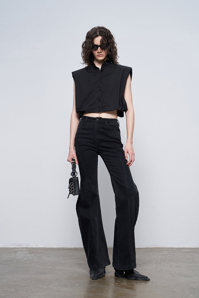 ANNAKIKI Black Wavy Silhouette Slim Denim Wide-Leg Pants-MAPLE