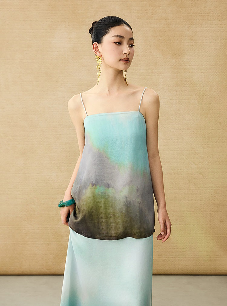 HECO Chinese Style Smudge Human Silk Camisole Cool and Breathable Seaside T - PALM.