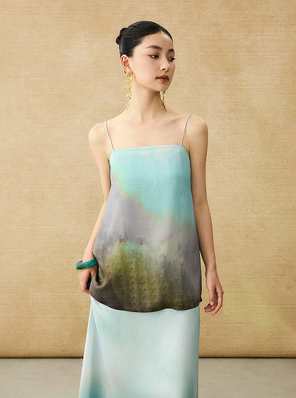 HECO Chinese Style Smudge Human Silk Camisole Cool and Breathable Seaside T - PALM.