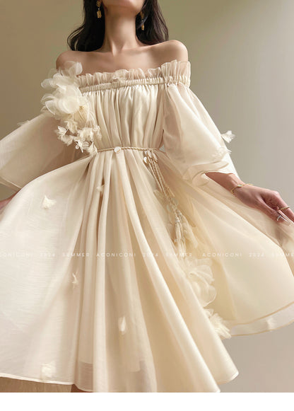 Aconiconi Luxury Off-Shoulder Flower Short Sleeve bridal baby doll Dress - Magnolia Lotus Fragrance