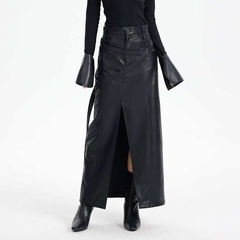 TINY IN black irregular tie women's high waist slit pu leather long skirt -CAM