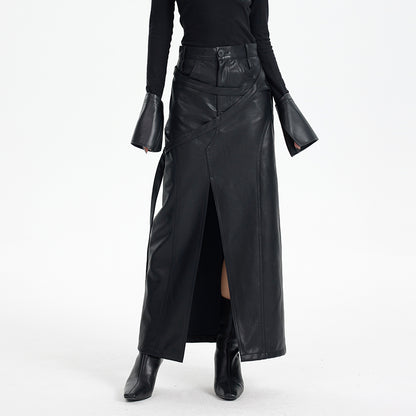 TINY IN black irregular tie women's high waist slit pu leather long skirt -CAM