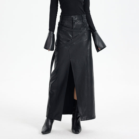 TINY IN black irregular tie women's high waist slit pu leather long skirt -CAM