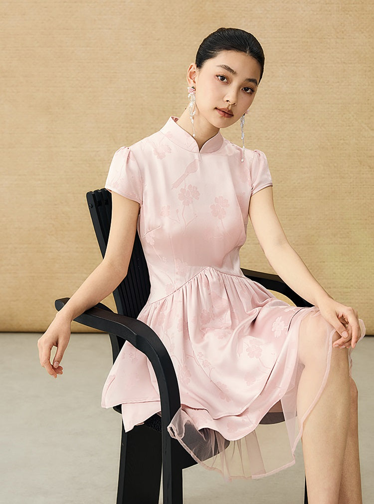 HECO Acetate Jacquard Midi Tiered Cap Sleeves Dress - HEART.