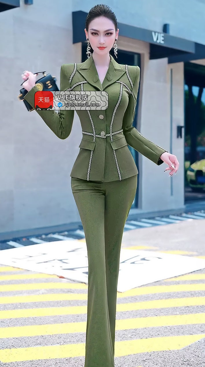 VJE  Denim Suit Webbing Jacket Micro Flared Pants Two-Piece Set-OPO.