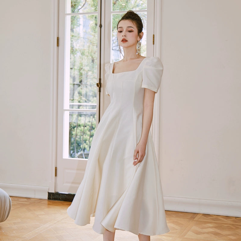 DOLLY Elegant Retro Square Neck Short Puff Sleeve Satin Long A-Line Dress-BAMBI