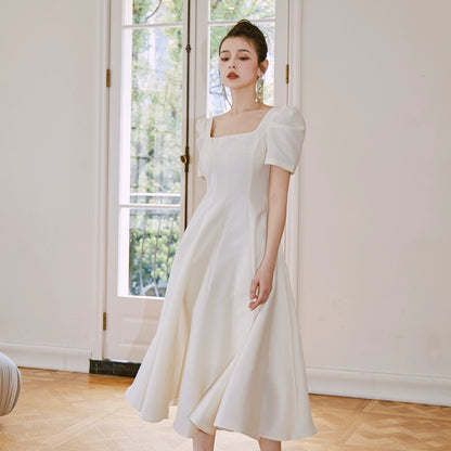 DOLLY Elegant Retro Square Neck Short Puff Sleeve Satin Long A-Line Dress-BAMBI