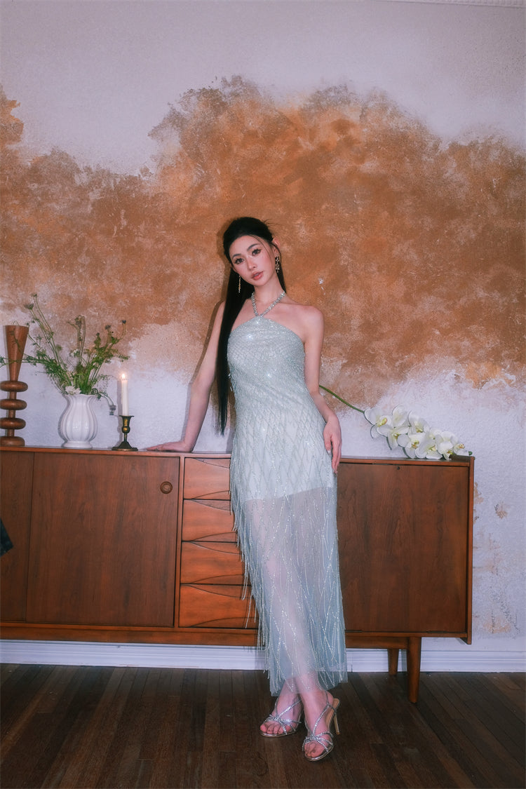 Wardrobes by Chen Elegant Green Halter Tassel cocktail party Dress-Zen