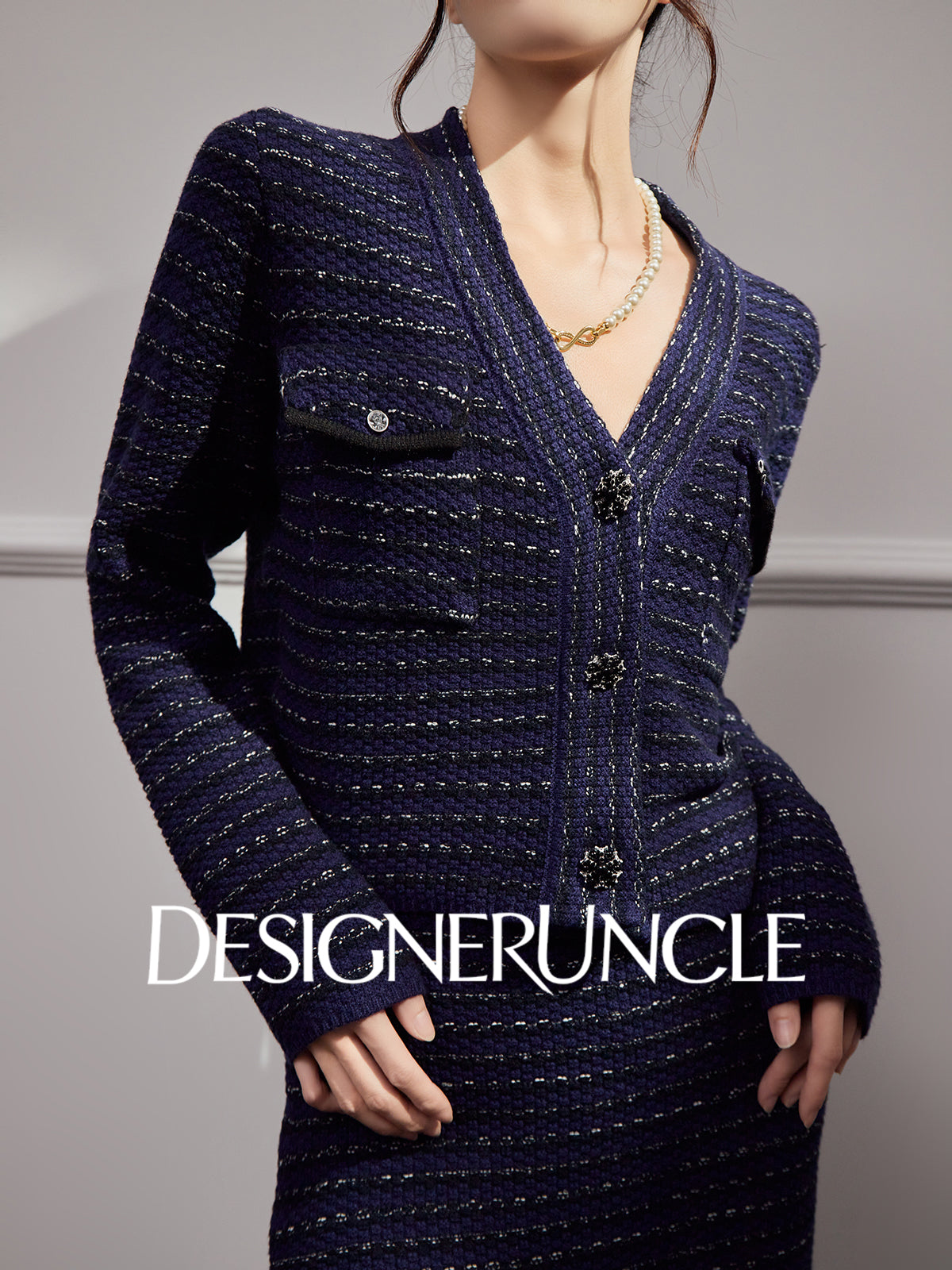 DGU "Ink Room" royal blue new knitted small fragrance temperament versatile two-piece set - Kyle.