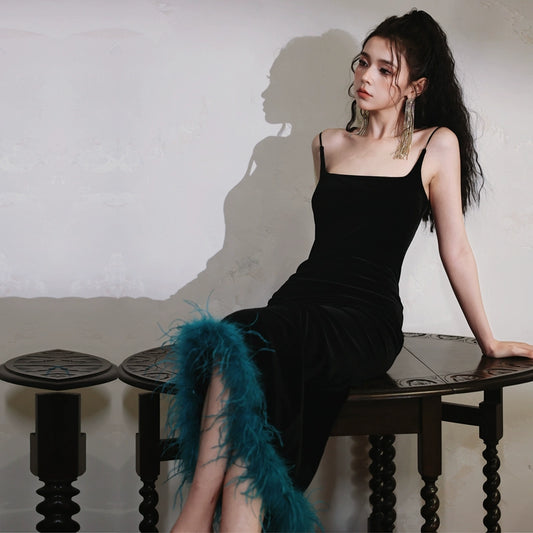 DOLLY Elegant Black Retro Sleeveless Velvet Midi Green Feather Date Dress-ZANIE (V)