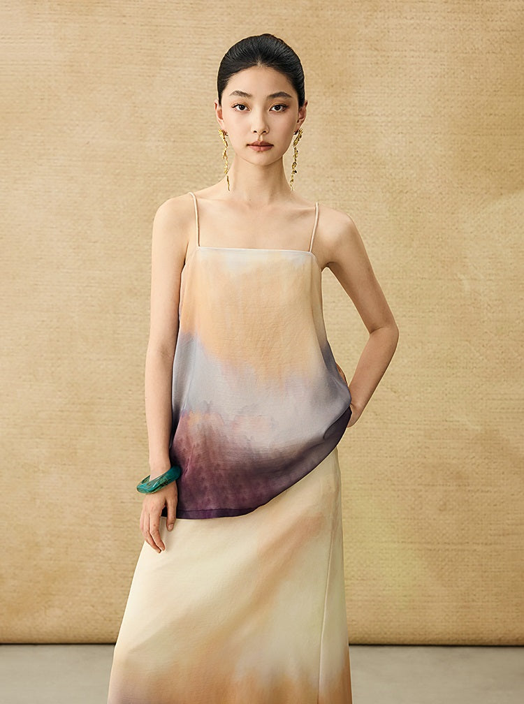 HECO Chinese Style Smudge Human Silk Camisole Cool and Breathable Seaside T - PALM.