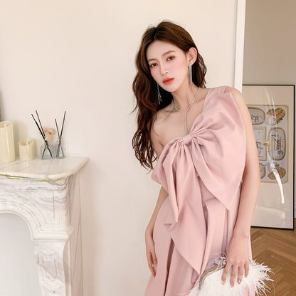 DOLLY High End Retro Style One Shoulder Big Bow Long Dinner Dress-KIKI