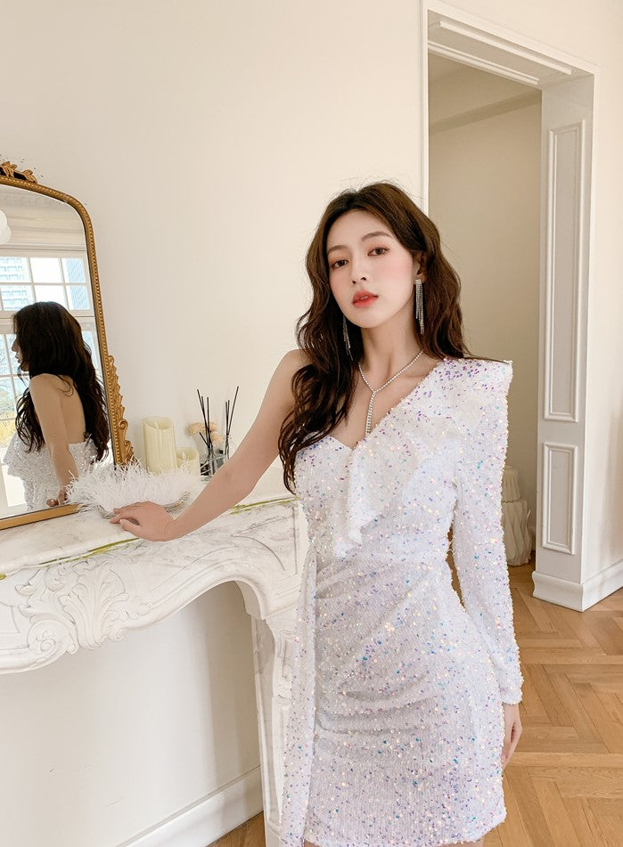 DOLLY Luxury White Sequined Slant Collar Off Shoulder Long Sleeve Dinner Dress-KAKA