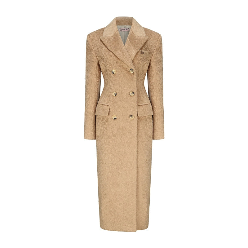 Le Palais Vintage Luxury Beige Suit Collar Long Sleeve Straight Long Winter Coat-KIKE.