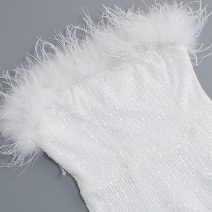 DOLLY White Feather Tube Top Sequin Slim Fit Long Dress-STEPH