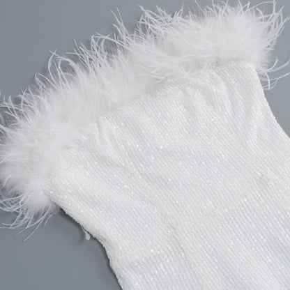 DOLLY White Feather Tube Top Sequin Slim Fit Long Dress-STEPH