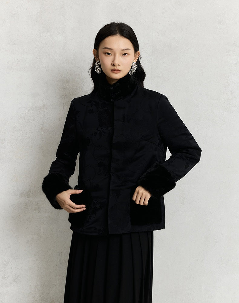 HECO 100% viscose High Neck Fur Collar red black Cotton Suit Women - entity.