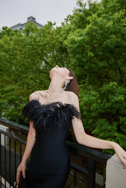 DOLLY Elegant Black Off Shoulder Feather Tube Top Long Slim Fit Dinner Dress-LILIAN