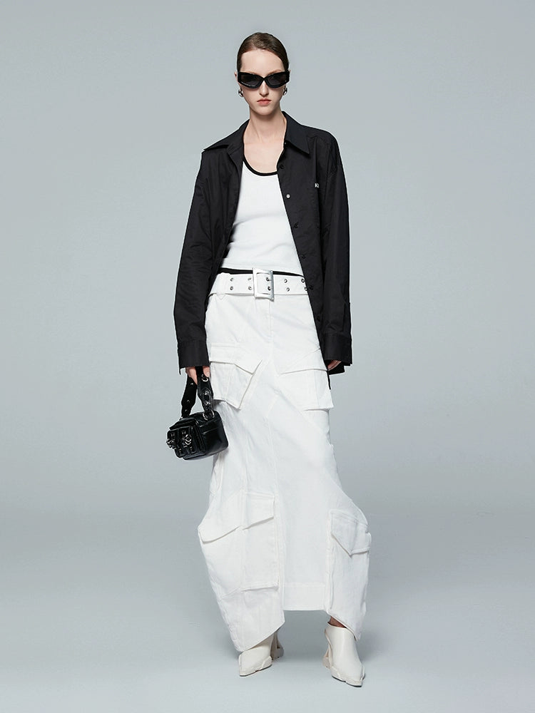 ANNAKIKI white geometric irregular split cargo skirt-MIKASA