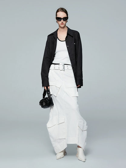 ANNAKIKI white geometric irregular split cargo skirt-MIKASA