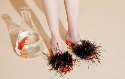 B-FEI feather slippers mid-heel color-blocked women's sandals-UCHIS.