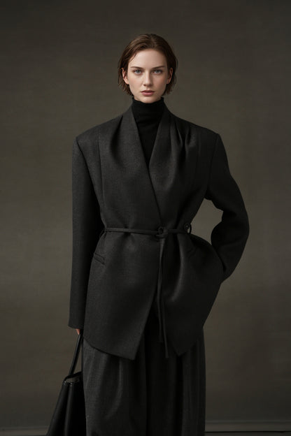 PIAOIN light style shoulder shirring elegant V-neck suit women's waist blazer-FATE