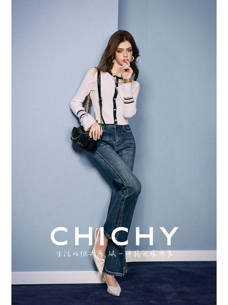 CHICHY High Street Retro Bootcut Blue High-Waisted Length Pants-LEXI