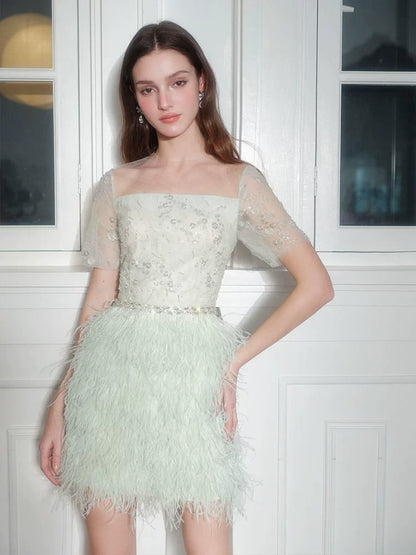 Wardrobes by Chen Luxury Mint Square Neck Lace Short Sleeve Cocktail Dress-Saint