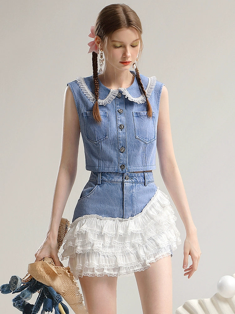 CHECOCRE Stubble Sweet Casual New Sleeveless Denim Set - SHIVA