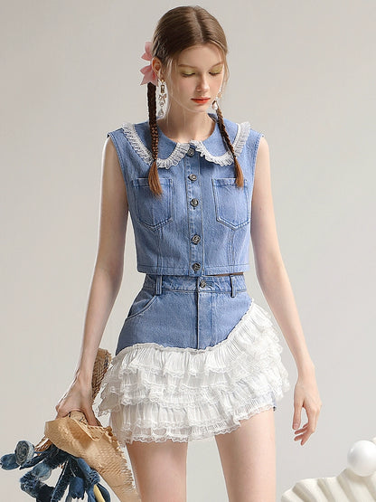 CHECOCRE Stubble Sweet Casual New Sleeveless Denim Set - SHIVA