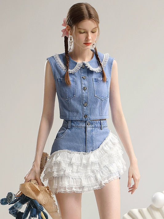 CHECOCRE Stubble Sweet Casual New Sleeveless Denim Set - SHIVA