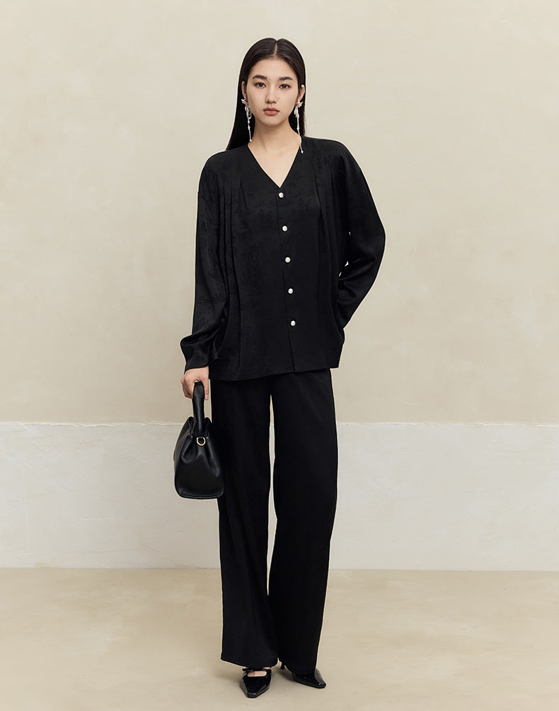 HECO Shan Ting Acetate Jacquard Suit Loose black yellow Top Pants Women - favour.