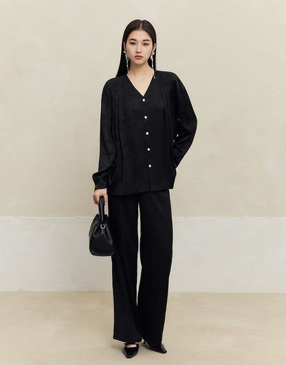 HECO Shan Ting Acetate Jacquard Suit Loose black yellow Top Pants Women - favour.