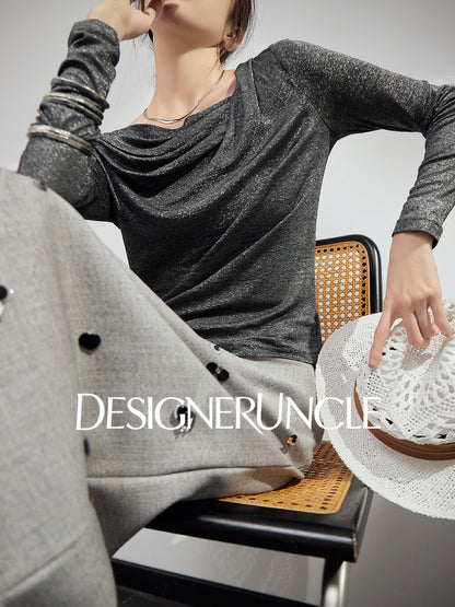 DGU "Ink Realm" gray long-sleeved loose commuting slimming and versatile high-end top - YAN.