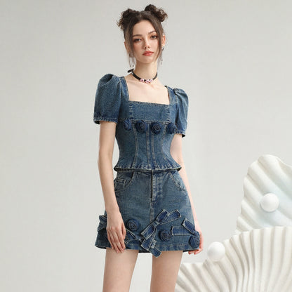 CHECOCRE Stubble sweet suit hakam three-dimensional rose retro fashionable denim skirt - VAIN.