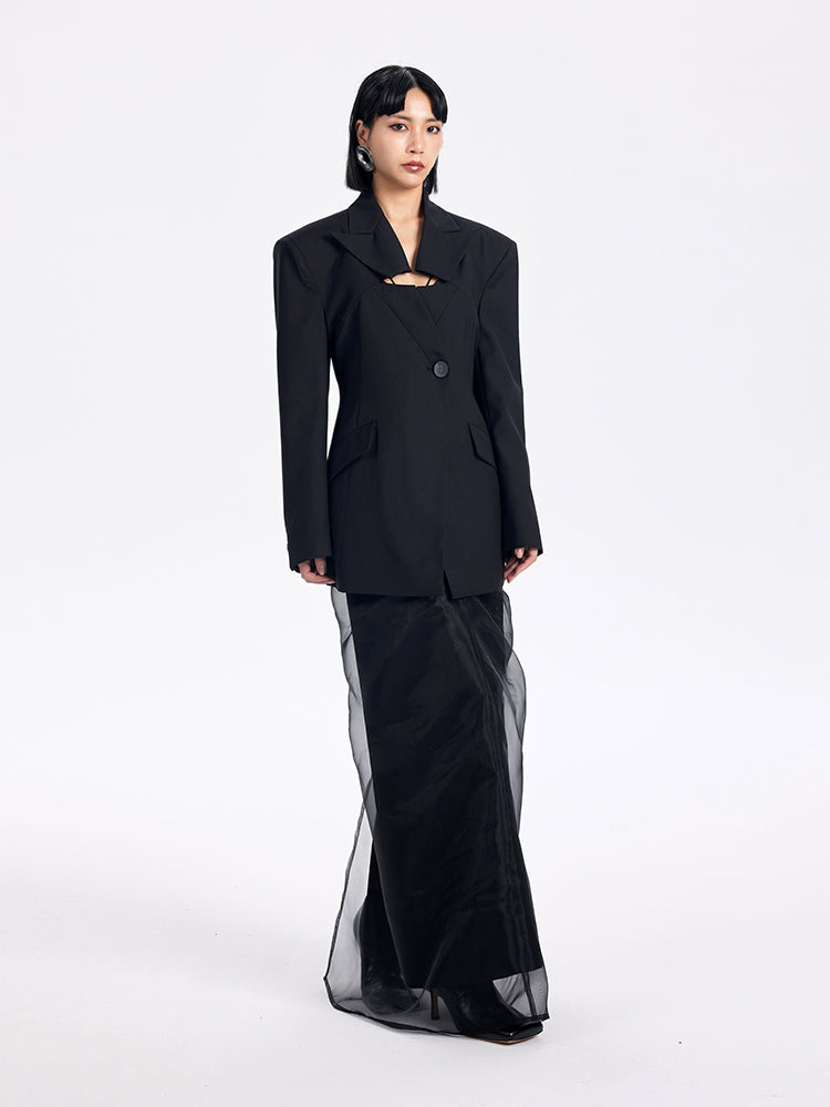 TINY IN casual black cut-out collar waist coat-SYAD