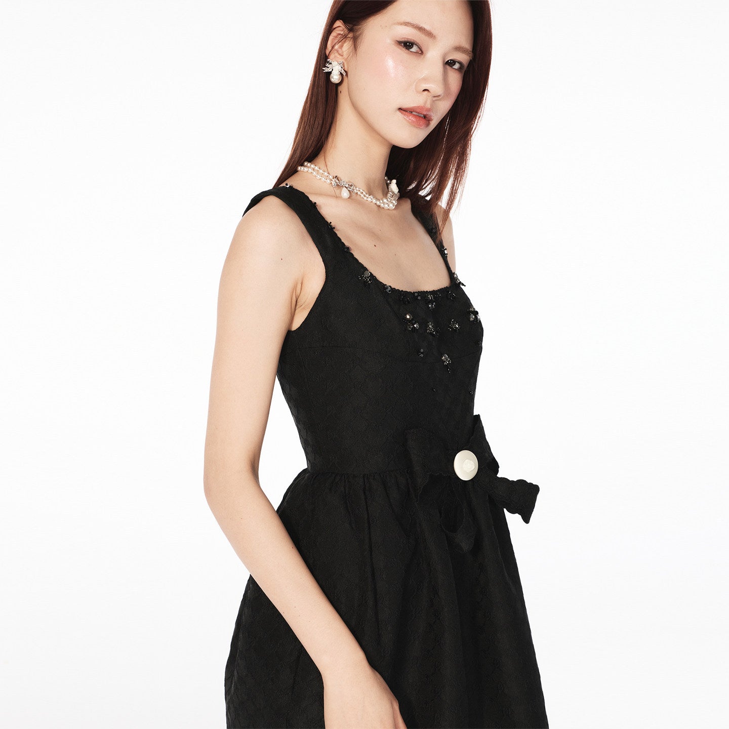 FAME Square Neck Bow Beaded Dress - LUCY