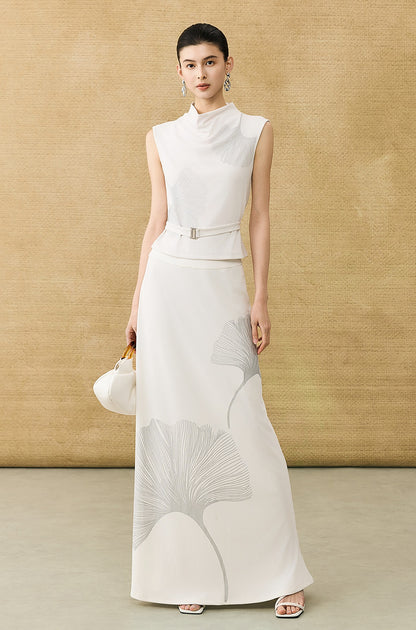 HECO Chinese draped skirt summer fashion ginkgo print skirt set - AFLORAL.