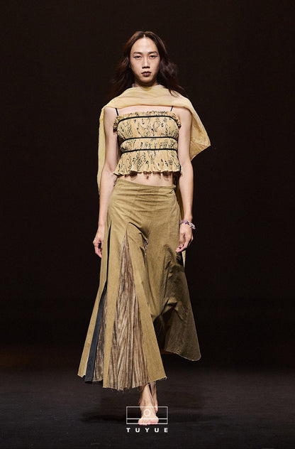 TUYUE Brown Textured Multi-Cut A-Line Midi Skirt - HARRY.