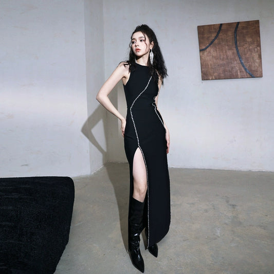 DOLLY Elegant Black Rhinestone Sleeveless Slim Fit Long Slit Dinner Dress-ALORA (V)