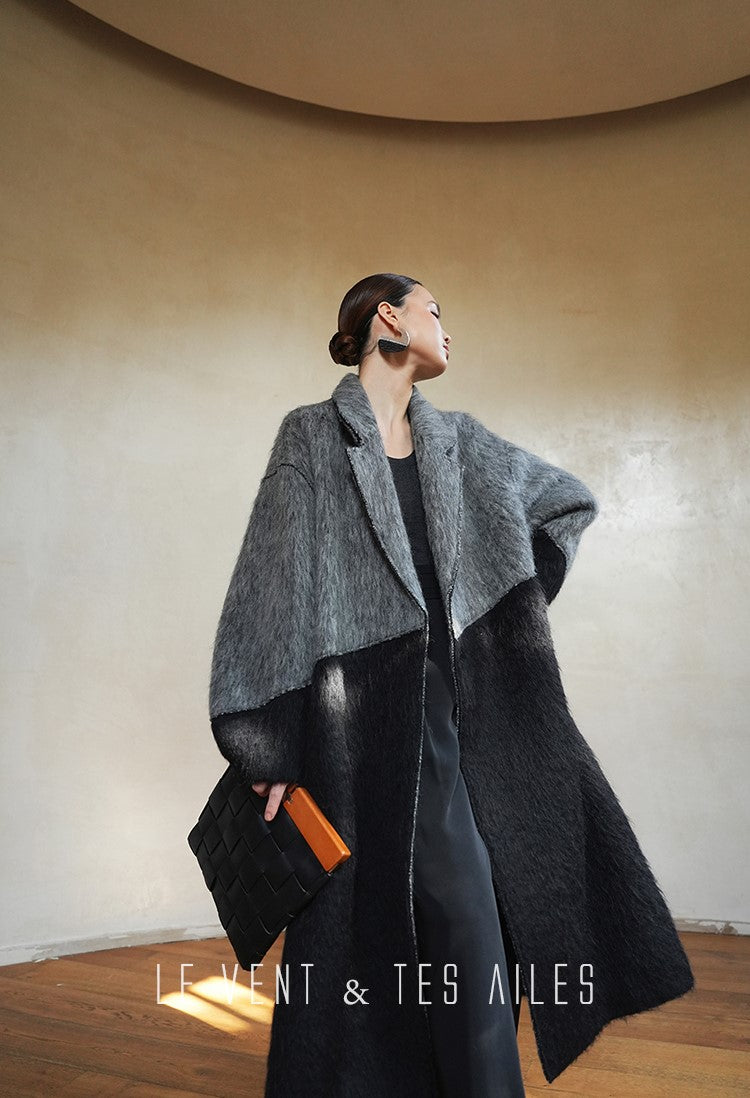 LE VENT&TES AILES French luxury fine long color-block wool coat -ALEC.
