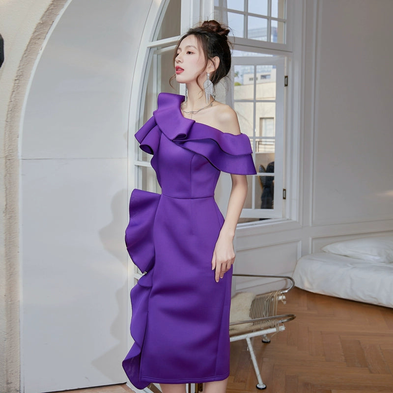 DOLLY Elegant Purple Ruffled Off Shoulder High Waist Midi Ruffle Dress-AKARI