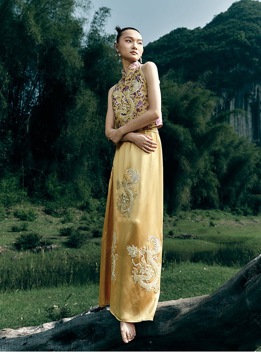 HECO Chinese Retro Style Embroidery Golden Dragon Stand-up Collar Vest Top  - QANT.