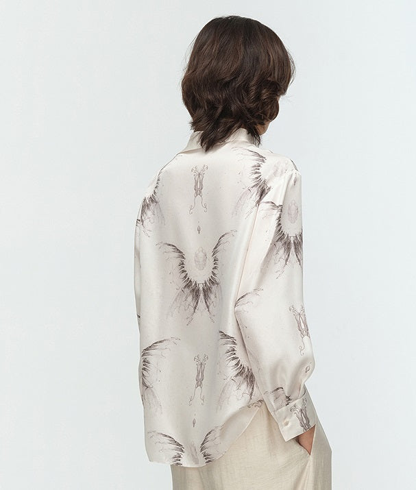 COMME MOI  summer women's lapel silk print shirt top - MASTER.