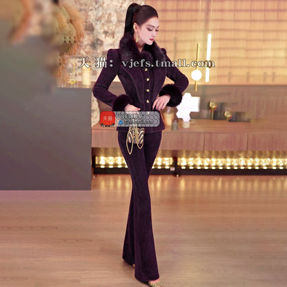 VJE Removable Fur Collar Jacket Micro Flared Pants Two-Piece Set - TED.