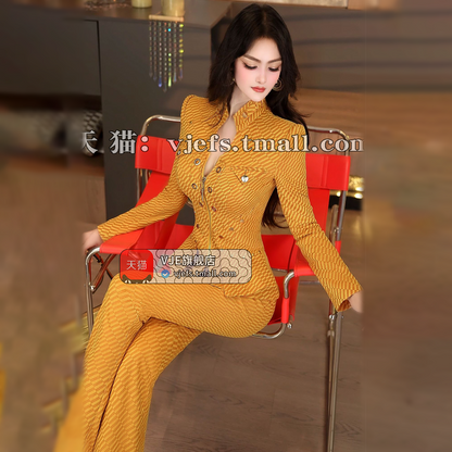 VJE  Slim Suit Jacket High-waisted Micro Flared Pants Two-Piece Set-HONG.