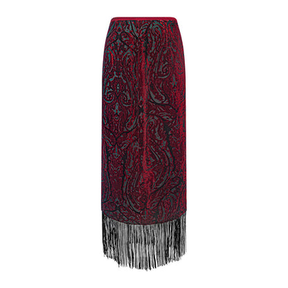 TUYUE silk burnt flower tassels midi skirt - MIN.