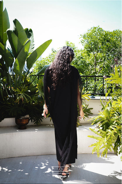 TUYUE black elegant slim trailing maxi side slit dress- TANE.