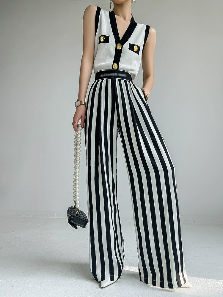 Huanzi high end striped high waist wide leg pants Nuna