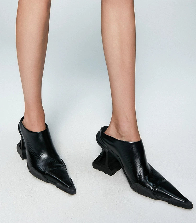 ANNAKIKI Black Genuine Leather Special-Shaped High Heeled Single Shoes -GORO